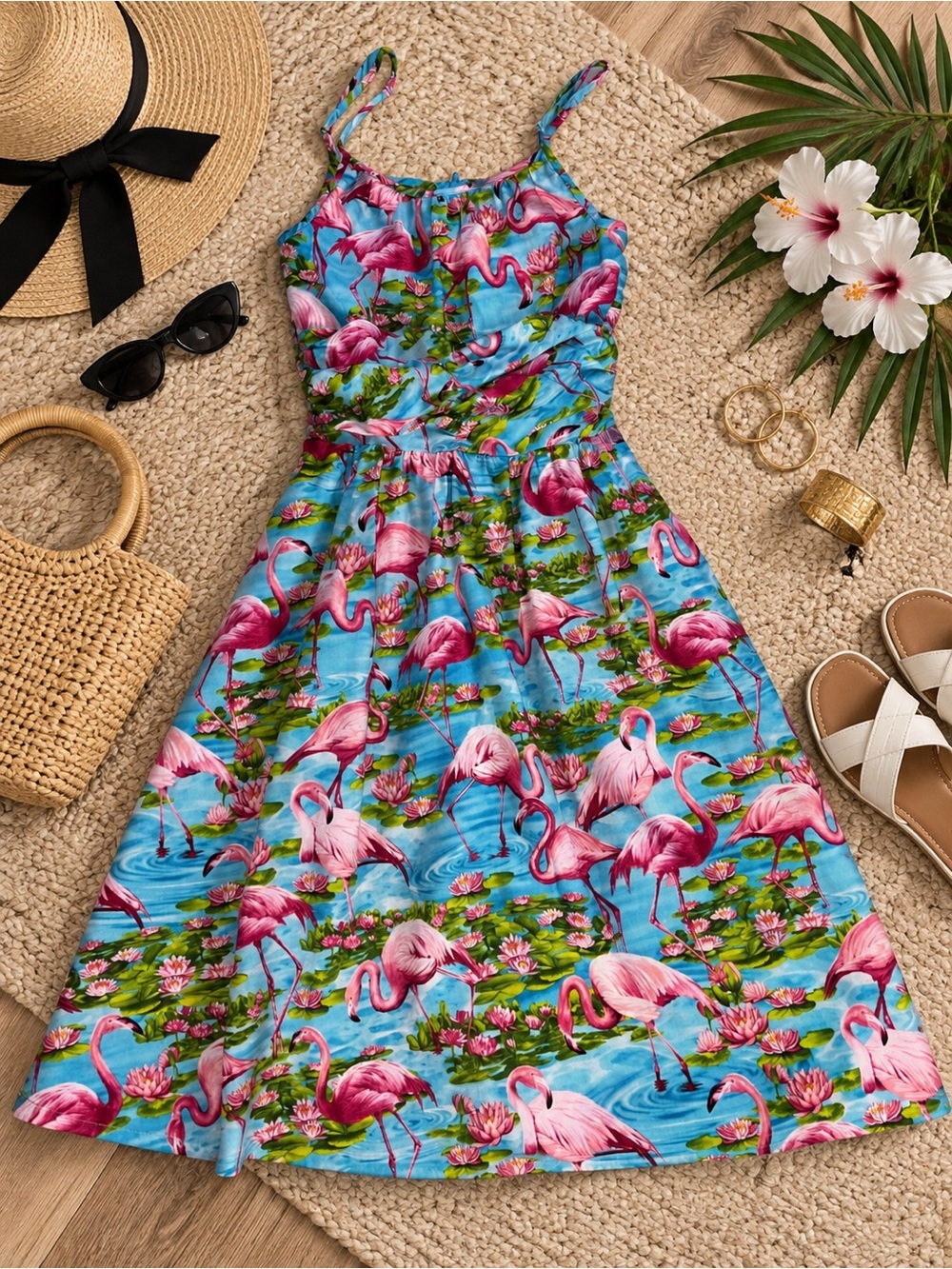 Retrolicious Flamingo Water Lily Novelty Print Fit & Flare Dress Small